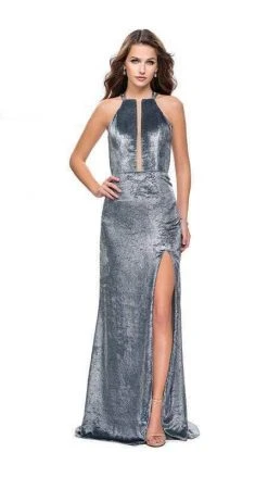 La Femme - Velvet High Halter Evening Dress 25861SC - 1 Pc Silver In Size 6 Available