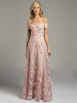 Lara Dresses - Charming Off The Shoulder Long Floral A-line Gown 33211 - 1 Pc Dusty Rose In Size 16 Available Formal Gowns
