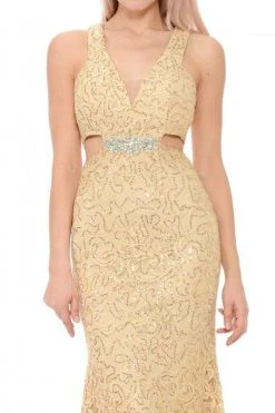 Lenovia - 5170 Lace Plunging V-Neck Evening Dress 46 Lenovia - 5170 Lace Plunging V-Neck Evening Dress