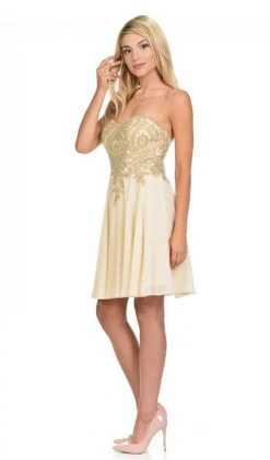 Lenovia - 8110 Gold Embroidered Strapless Cocktail Dress