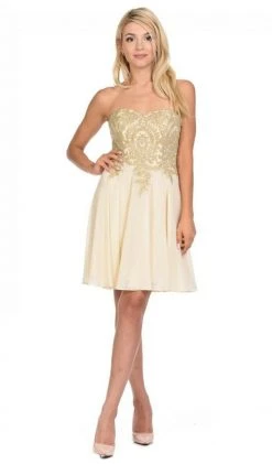 Lenovia - 8110 Gold Embroidered Strapless Cocktail Dress