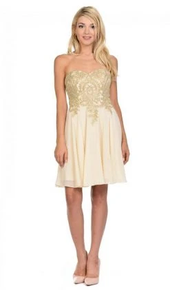 Lenovia - 8110 Gold Embroidered Strapless Cocktail Dress