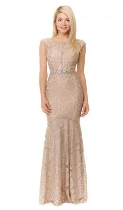 Formal Gowns Lenovia - Lace Cap Sleeve Jewel Neck Mermaid Dress 5199 - 1 Pc Ivory In Size M Available