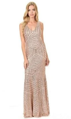 Formal Gowns Lenovia - Sleeveless V-Back Sequin Mermaid Gown 5150 - 1 Pc Nude/Gold In Size S Available