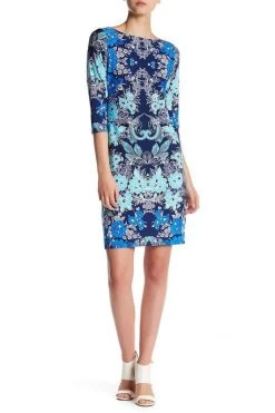 London Times - T2714MNR Quarter Sleeve Bateau Floral Dress