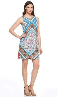Cocktail Dresses London Times - T3343M Sleeveless Multi Print Sheath Short Dress