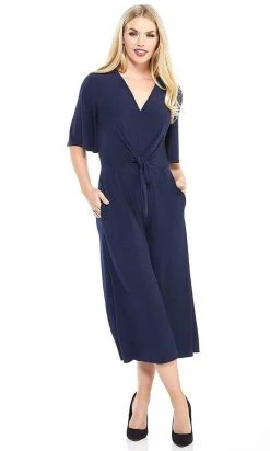 London Times - T3820M Short Sleeve V-Neck Solid Jersey Jumpsuit Cocktail Dresses
