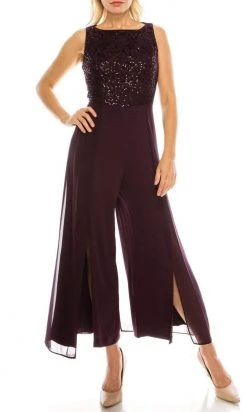 London Times - T3848M Sequin Lace Top Split Leg Jumpsuit Prom Dresses