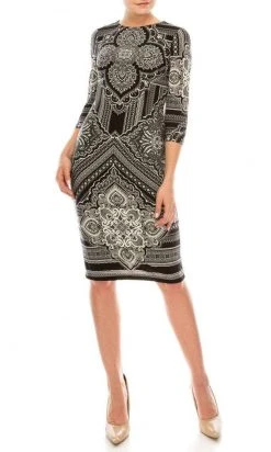 London Times - T3863P Quarter Sleeve Jewel Neck Damask Print Dress Cocktail Dresses 14 London Times - T3863P Quarter Sleeve Jewel Neck Damask Print Dress Cocktail Dresses