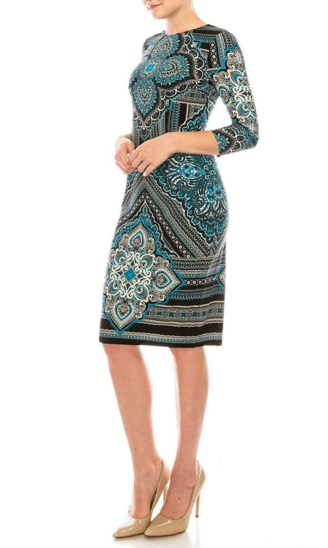 London Times - T3863P Quarter Sleeve Jewel Neck Damask Print Dress Cocktail Dresses 5 London Times - T3863P Quarter Sleeve Jewel Neck Damask Print Dress Cocktail Dresses