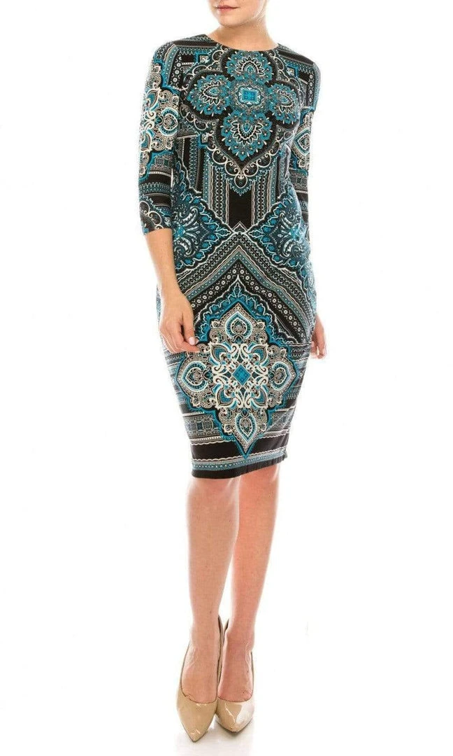 London Times - T3863P Quarter Sleeve Jewel Neck Damask Print Dress Cocktail Dresses 3 London Times - T3863P Quarter Sleeve Jewel Neck Damask Print Dress Cocktail Dresses