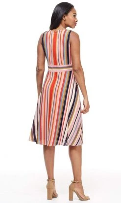 London Times - T4380M Striped Sleeveless Surplice V Neck A-Line Dress