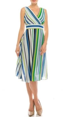 London Times - T4380M Striped Sleeveless Surplice V Neck A-Line Dress 15 London Times - T4380M Striped Sleeveless Surplice V Neck A-Line Dress