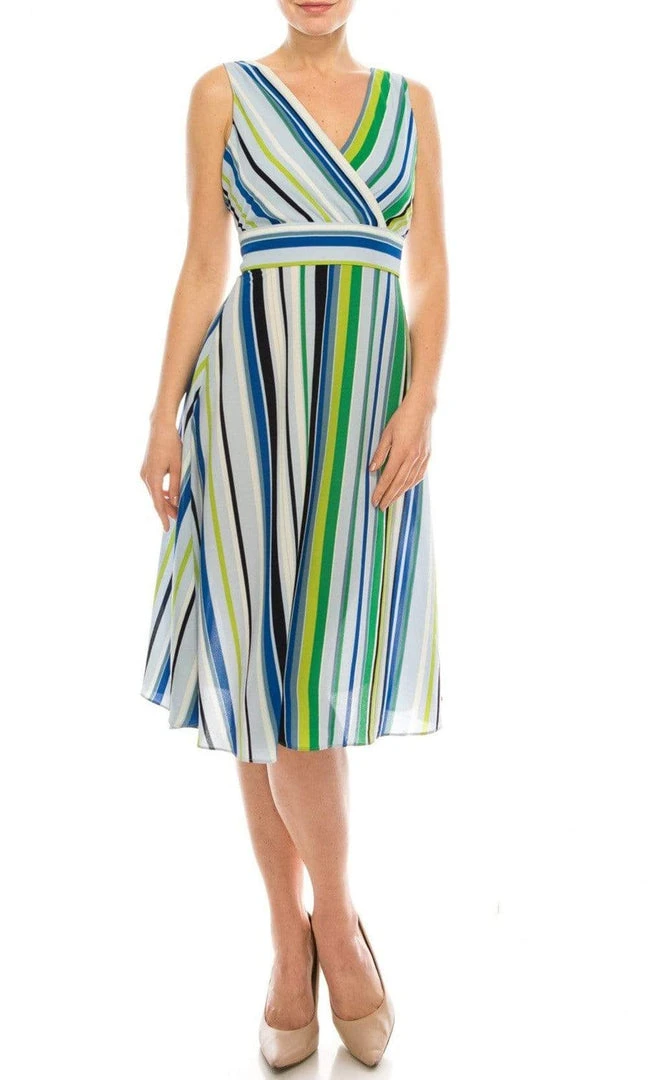 London Times - T4380M Striped Sleeveless Surplice V Neck A-Line Dress 8 London Times - T4380M Striped Sleeveless Surplice V Neck A-Line Dress