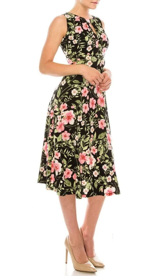 Cocktail Dresses London Times - T5247M Floral Print Jewel Tea Length Dress 6 Cocktail Dresses London Times - T5247M Floral Print Jewel Tea Length Dress