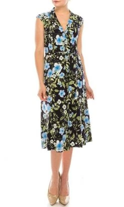 Cocktail Dresses London Times - T5341M Cap Sleeve Floral Faux Wrap Dress