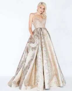 Formal Gowns Mac Duggal - 2010M Gilded Deep V-neck Metallic Brocade Ballgown
