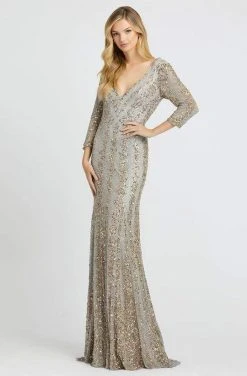 Mac Duggal - 4247D Plunging V-neck Beaded Sheath Gown - 1 Pc Platinum Nude In Size 8 And 1 Pc Nude Platinum In Size 14 Available Formal Gowns