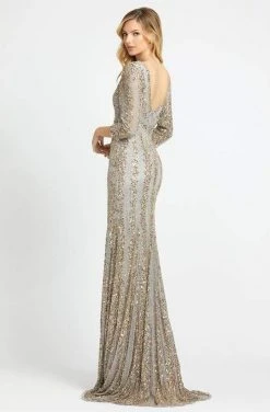 Mac Duggal - 4247D Plunging V-neck Beaded Sheath Gown - 1 Pc Platinum Nude In Size 8 And 1 Pc Nude Platinum In Size 14 Available Formal Gowns