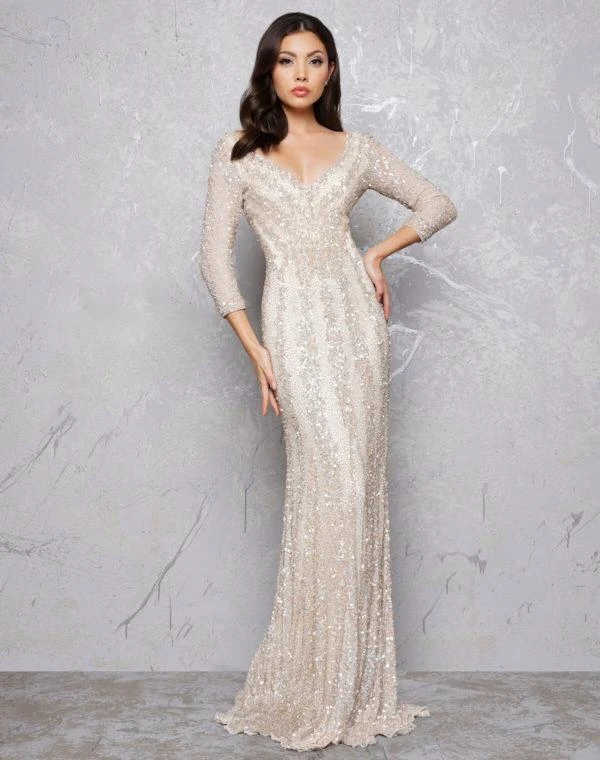 Mac Duggal - 4247D Plunging V-neck Beaded Sheath Gown - 1 Pc Platinum Nude In Size 8 And 1 Pc Nude Platinum In Size 14 Available Formal Gowns 8 Mac Duggal - 4247D Plunging V-neck Beaded Sheath Gown - 1 Pc Platinum Nude In Size 8 And 1 Pc Nude Platinum In Size 14 Available Formal Gowns