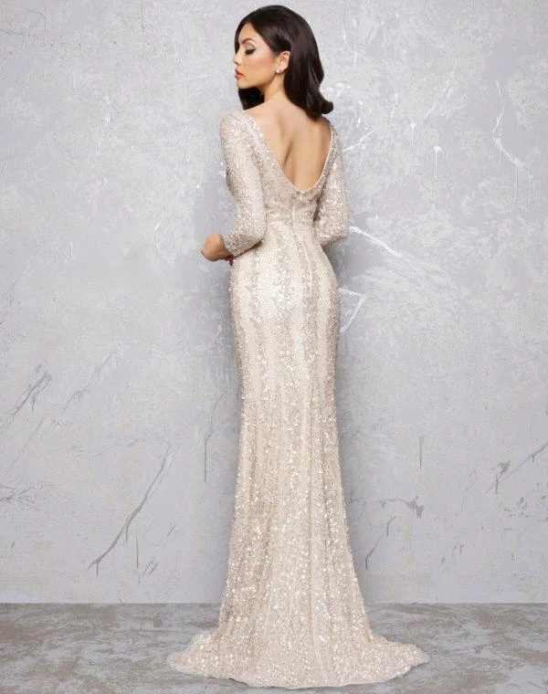 Mac Duggal - 4247D Plunging V-neck Beaded Sheath Gown - 1 Pc Platinum Nude In Size 8 And 1 Pc Nude Platinum In Size 14 Available Formal Gowns 9 Mac Duggal - 4247D Plunging V-neck Beaded Sheath Gown - 1 Pc Platinum Nude In Size 8 And 1 Pc Nude Platinum In Size 14 Available Formal Gowns