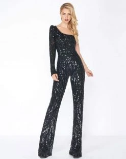 Plus Size Dresses Mac Duggal - 4636R Sequined Asymmetrical Long Sleeve Jumpsuit