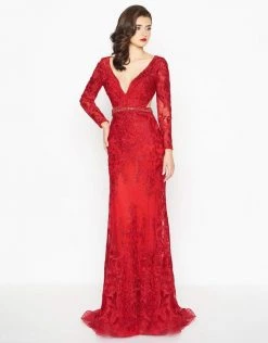 Mac Duggal - 50540R Beaded Lace Deep V-neck Sheath Dress