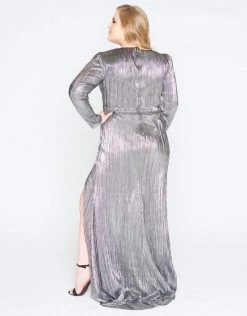 Mac Duggal - 77472F Beaded Pleated Metallic V-neck Sheath Dress Formal Gowns