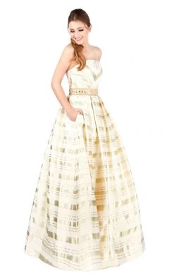 Mac Duggal Ballgowns - 40883H Straight-Across Gilt-Striped Ballgown