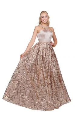 Mac Duggal Ballgowns - 40887H Metallic Geometric Floral Halter Gown