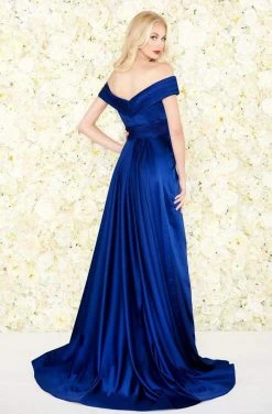 Formal Gowns Mac Duggal Black White Red - 12099R Ruched Off-Shoulder Gown With Slit