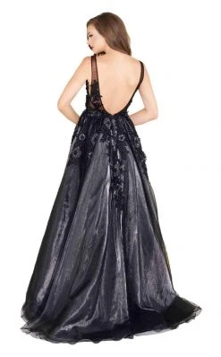 Formal Gowns Mac Duggal Black White Red - 12104R Embroidered V-neck Organza Ballgown