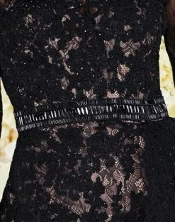 Mac Duggal Black White Red - 12183R Embellished Lace High Low Dress