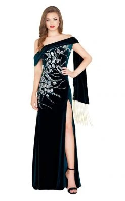 Mac Duggal Black White Red - 12186R Jeweled Asymmetric Velvet Dress Formal Gowns