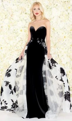 Mac Duggal Black White Red - 2097R Velvet Floral Beaded Overskirt Gown Formal Gowns
