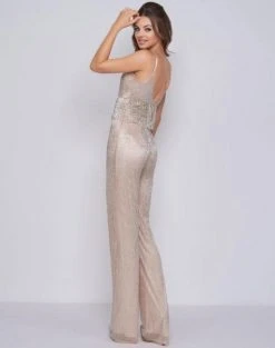 Mac Duggal Black White Red - 4742R Shimmery Plunging V-neck Jumpsuit Prom Dresses