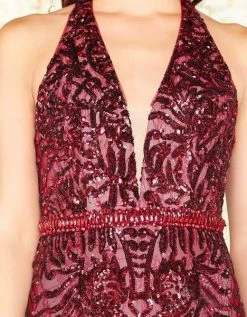 Formal Gowns Mac Duggal Black White Red - 48821R Sequined Plunging V-Neck Gown