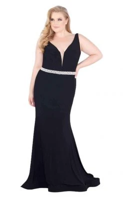 Mac Duggal Fabulouss - 66808F Plunging Jeweled Jersey Trumpet Gown