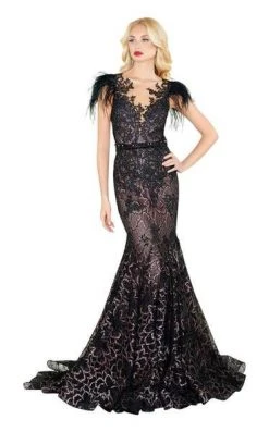 Mac Duggal - Feathered Lace Mermaid Gown 79230R - 1 Pc Black In Size 4 Available