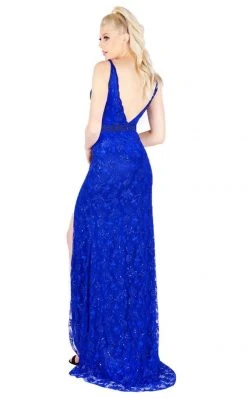 Formal Gowns Mac Duggal Flash - 4816L Beaded Lace V-Neck Gown With Slit