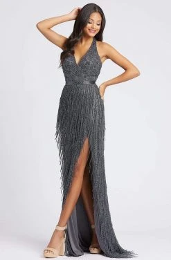 Mac Duggal Prom - 4803M Plunging Halter Bead-Fringed High Slit Gown