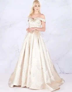 Formal Gowns Mac Duggal Prom - 66894M Off Shoulder Geometric Motif Lace Ballgown