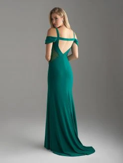 Madison James - 18-656 Beaded Cold Shoulder Slit Dress