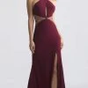 Madison James - 18-661 Fitted Halter Neck Keyhole Cutout Evening Dress - 1 Pc Wine In Size 00 Available