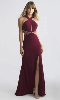 Madison James - 18-661 Fitted Halter Neck Keyhole Cutout Evening Dress - 1 Pc Wine In Size 00 Available