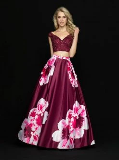 Madison James - 18-700 Two Piece Lace V-neck Floral Print Ballgown 8 Madison James - 18-700 Two Piece Lace V-neck Floral Print Ballgown