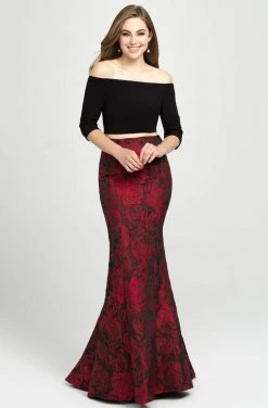 Madison James - 19-126 Quarter Sleeve Off Shoulder Floral Print Gown