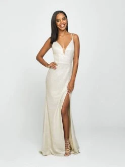 Madison James - 19-131 Sparkle Net Deep V-neck Trumpet Dress Formal Gowns
