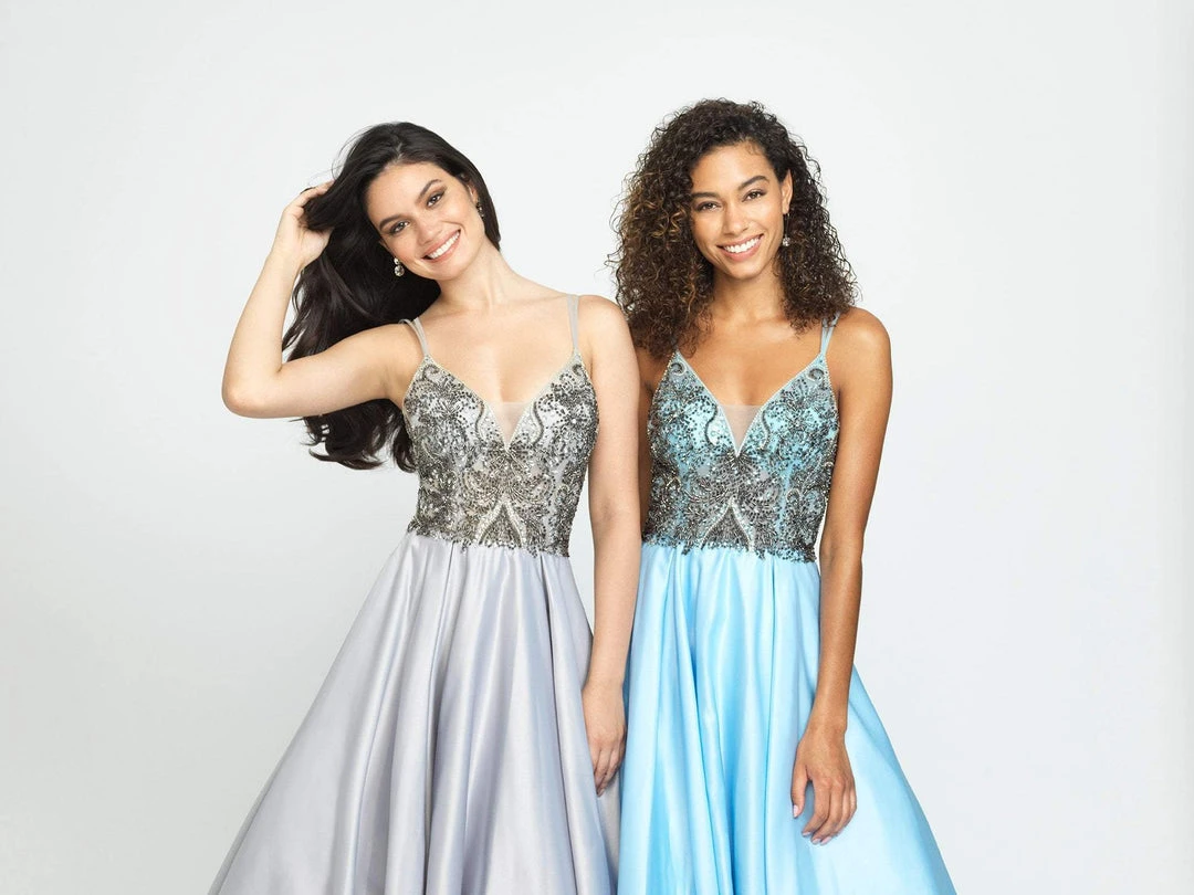 Madison James - 19-133 Beaded Deep V-neck Satin A-line Dress 6 Madison James - 19-133 Beaded Deep V-neck Satin A-line Dress