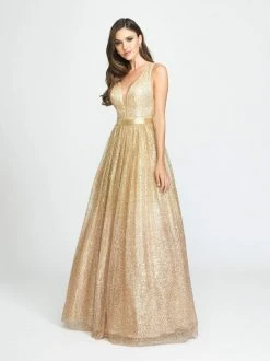 Madison James - 19-136 Glitter Tulle Deep V-neck A-line Dress Formal Gowns